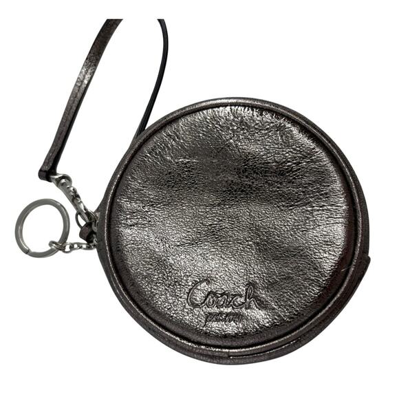 Coach Round Leather Coin Purse Wristlet Silver Metallic Designer - Picture 1 of 9